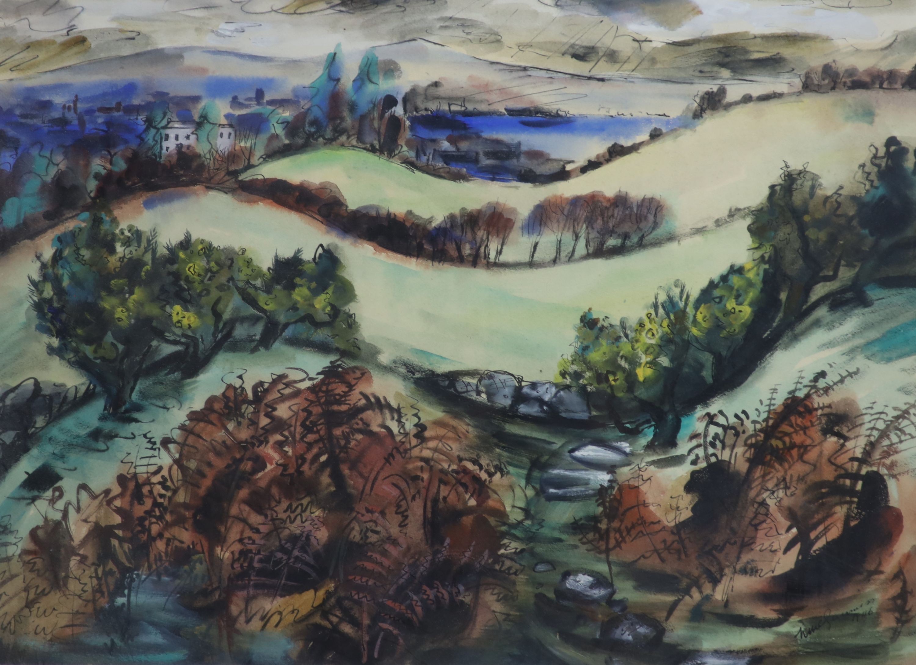 H. Guinness, ink and watercolour, Rolling landscape, signed and dated 1946, 41 x 54cm